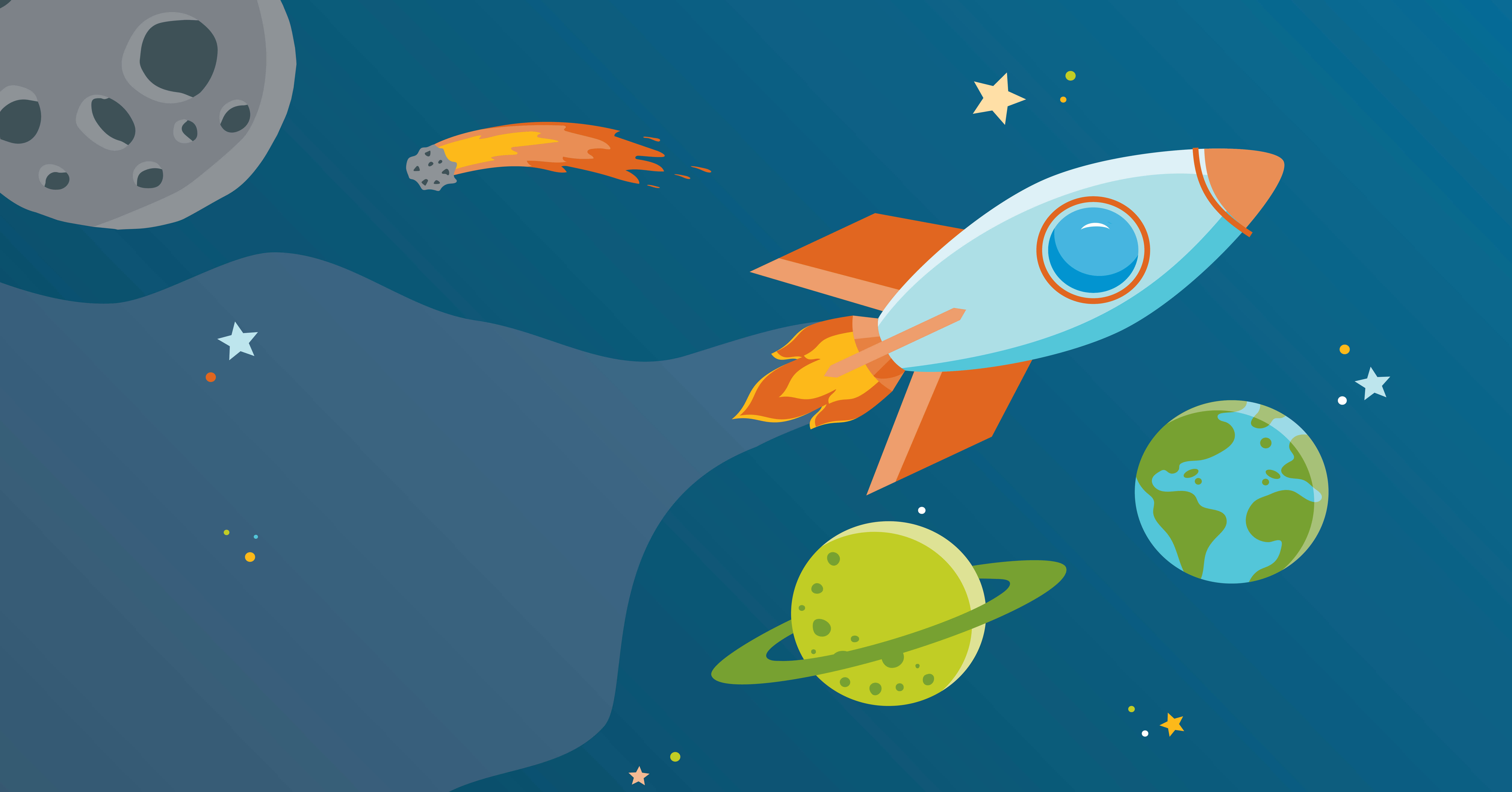 An illustrated rocket takes flight past the moon, meteors, saturn, and earth.