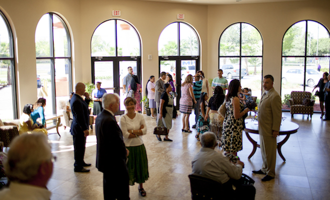 Church crowd in the lobby