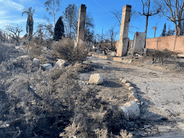 Photo of the remains of a building after a wildfire.