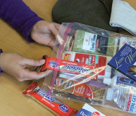 Close up of homeless care package being made