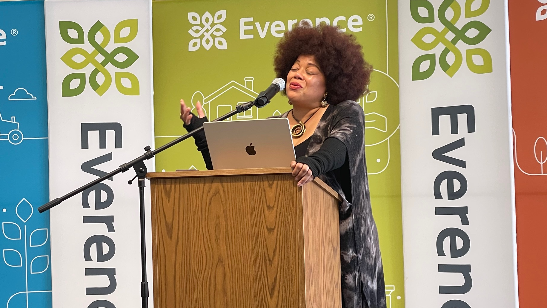 Ruth Naomi Floyd sings during her presentation to Everence Financial employees during the organization