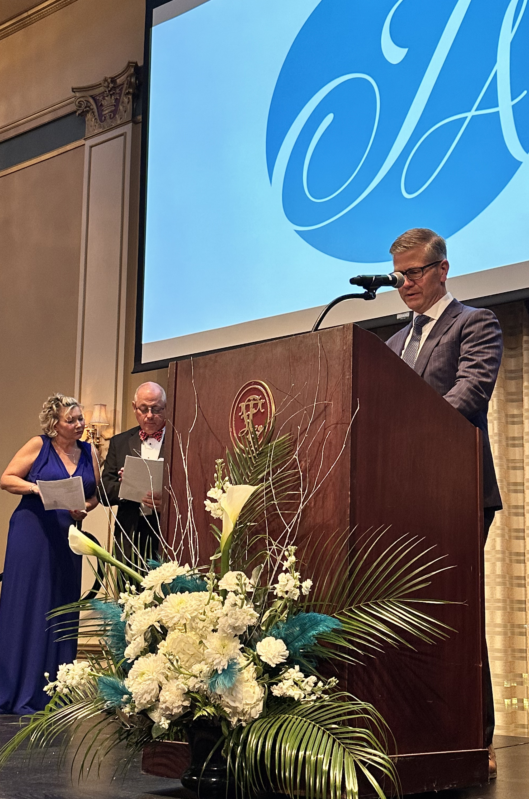 Chad Horning, Everence Chief Investment Officer and Senior Vice President, accepts the Business as a Force of Good Award at the Business Hall of Fame Gala hosted by Junior Achievement of Elkhart County (Indiana).