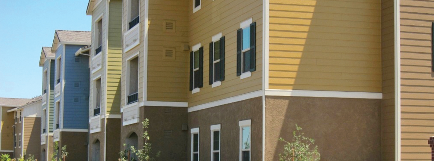 Side view of colorful apartments