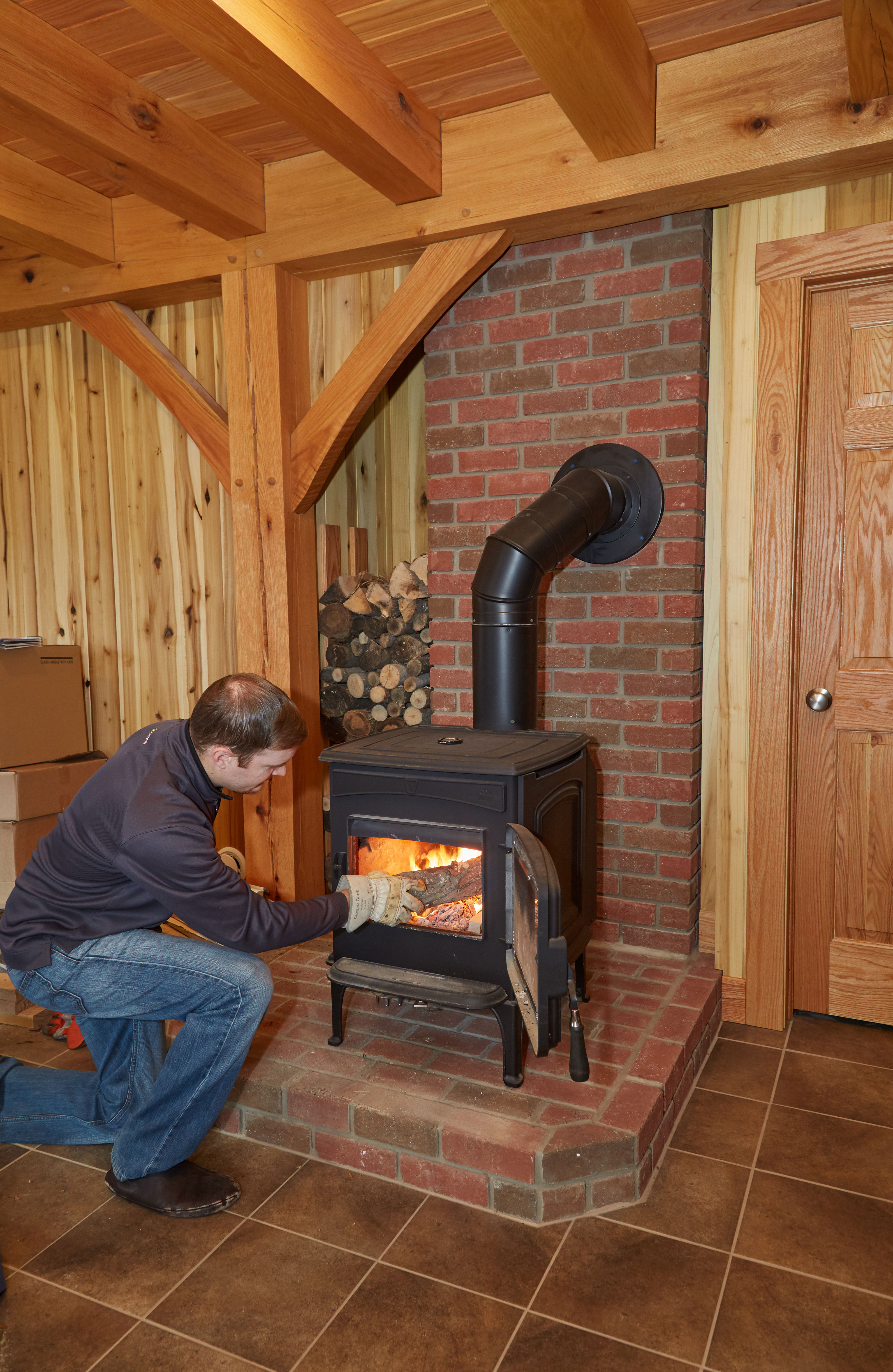 Attending the wood stove at the Meyer family house