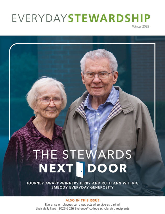The screenshot of a magazine cover featuring a man and woman smiling. The title "Everyday Stewardship" is at the top with the text "The Stewards Next Door" toward the bottom. 