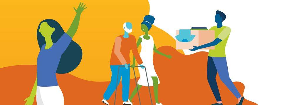 An illustration showing a woman waving in the foreground while in the background a younger woman walks alongside an elderly man and a young man carries a box with clothes