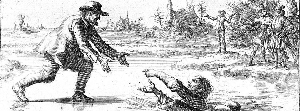 An older illustration showing a man helping another man who seems to have fallen through ice