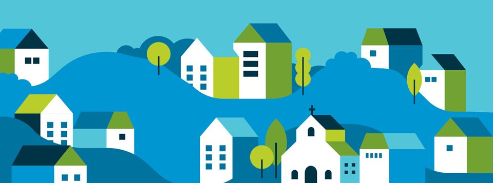 Houses and buildings on hills colored blue and green.