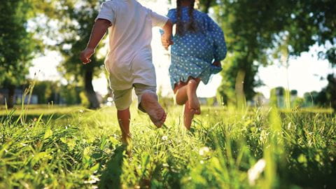 Kids holding hands running through fields with grass and trees in golden hour light.