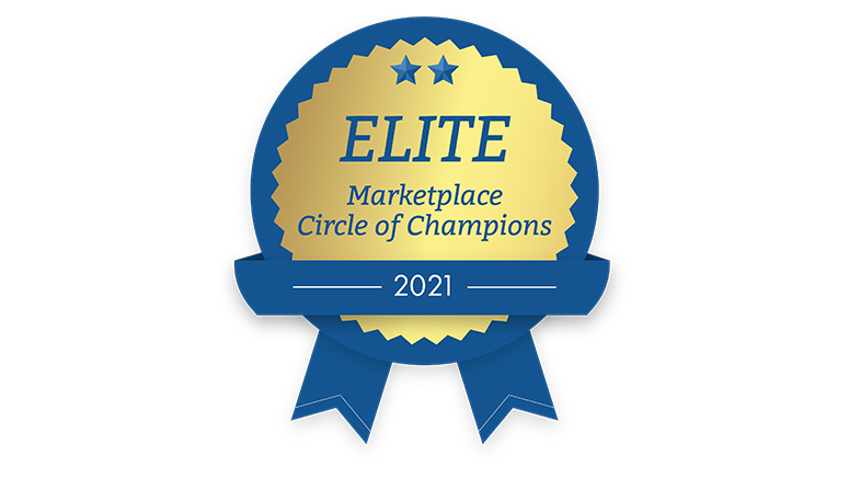 Medal/award with blue ribbon, reads Elite Marketplace Circle of Champions 2021