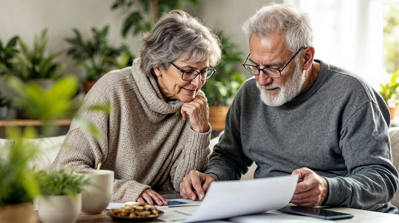 Medicare age couple looking at documents on their kitchen table