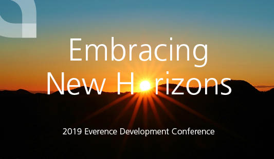 Image of sunrise over mountain silhouette and text Embracing New Horizons - 2019 Everence Development Conference