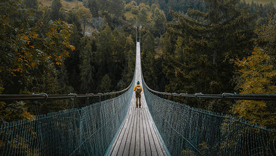 Person mid way across a long bridge across and forest valley