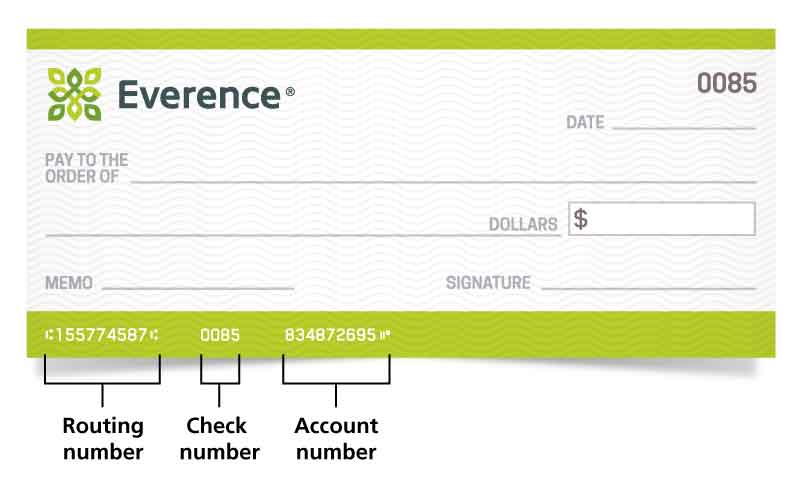 Everence check with routing number, check number, and account number