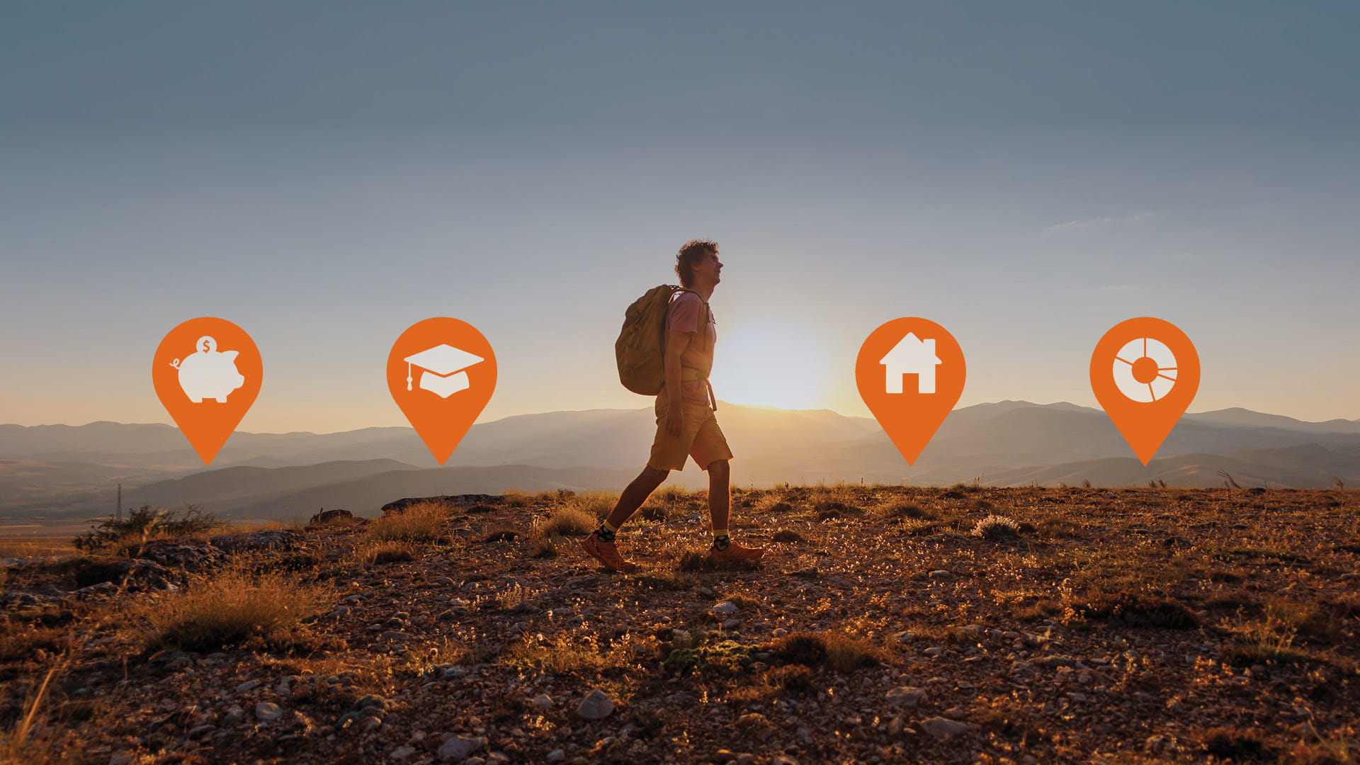 Man hiking with custom graphic icons overlayed