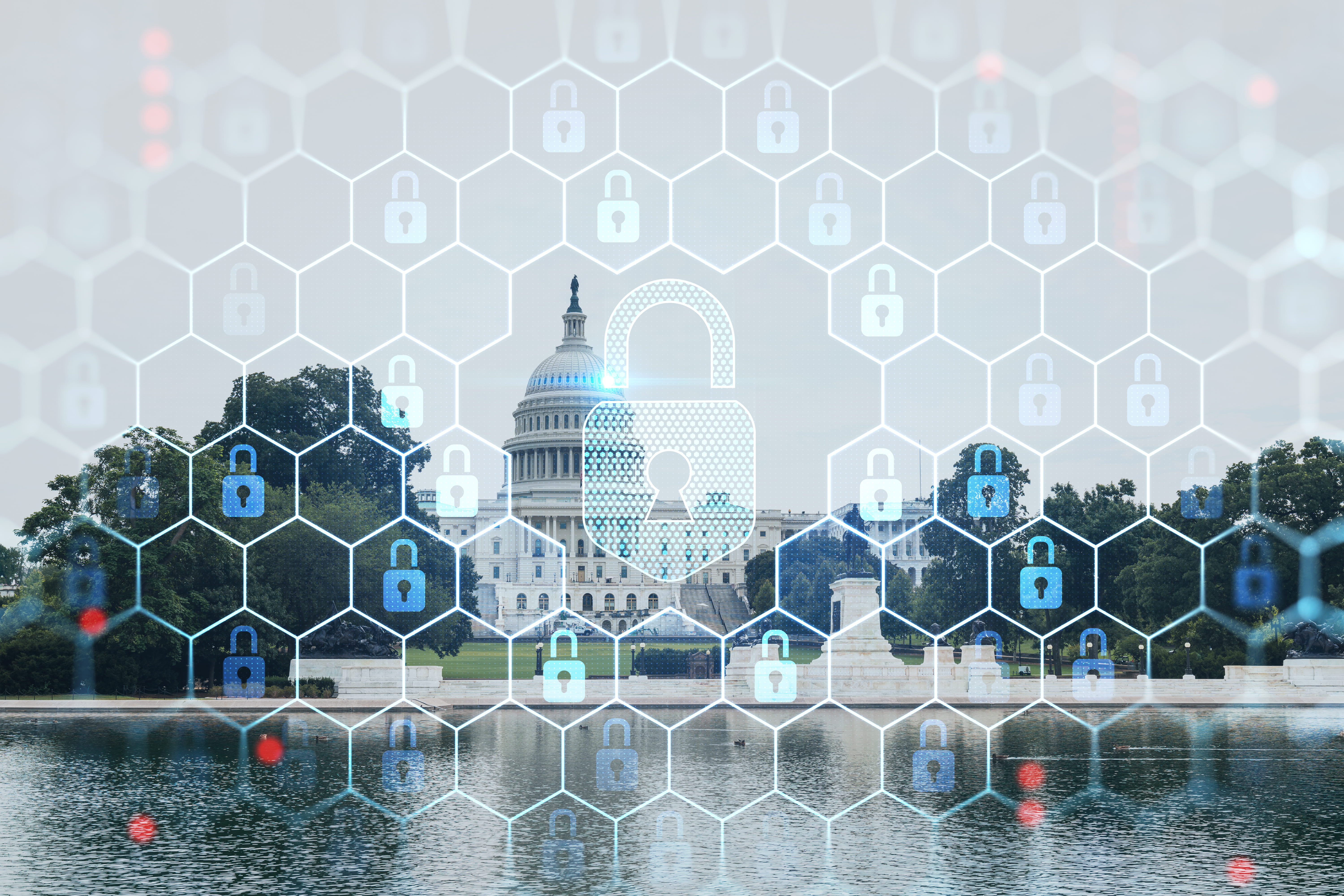 The capitol building overlayed with locks depicting security.
