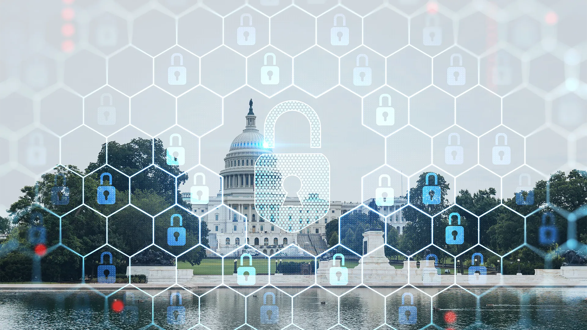The capitol building overlayed with locks depicting security.