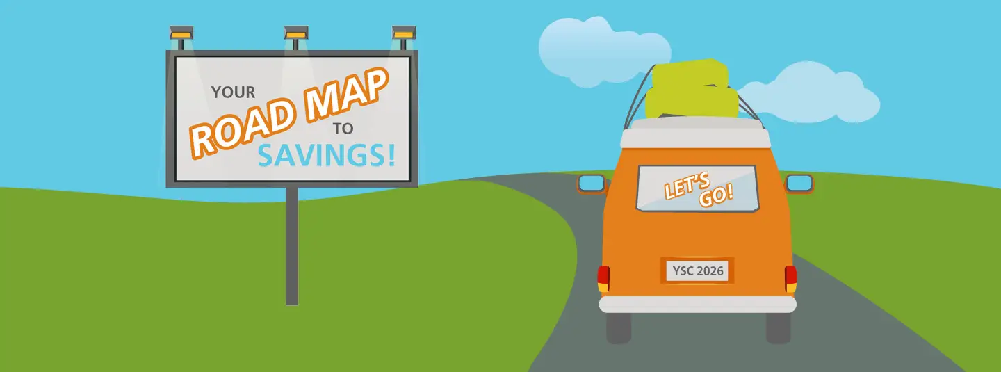 2026 Youth Savings Celebration image with an orange van with the text "Let's go" on it, traveling down a road by a billboard that says "Your road map to savings!"