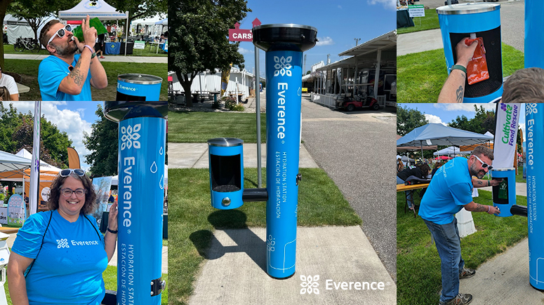Collage of Everence employees at the Elkhart County 4-H Fair using the new hydration and misting stations.