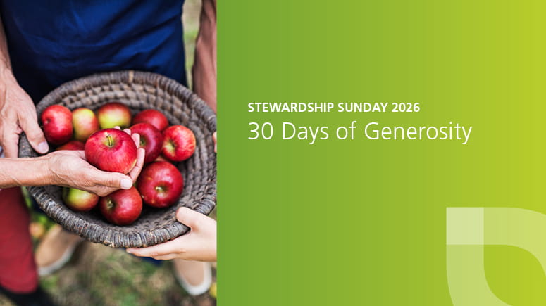 30 Days of Generosity Stewardship text with Everence leaf on green background with a picute of apples in a bowl.